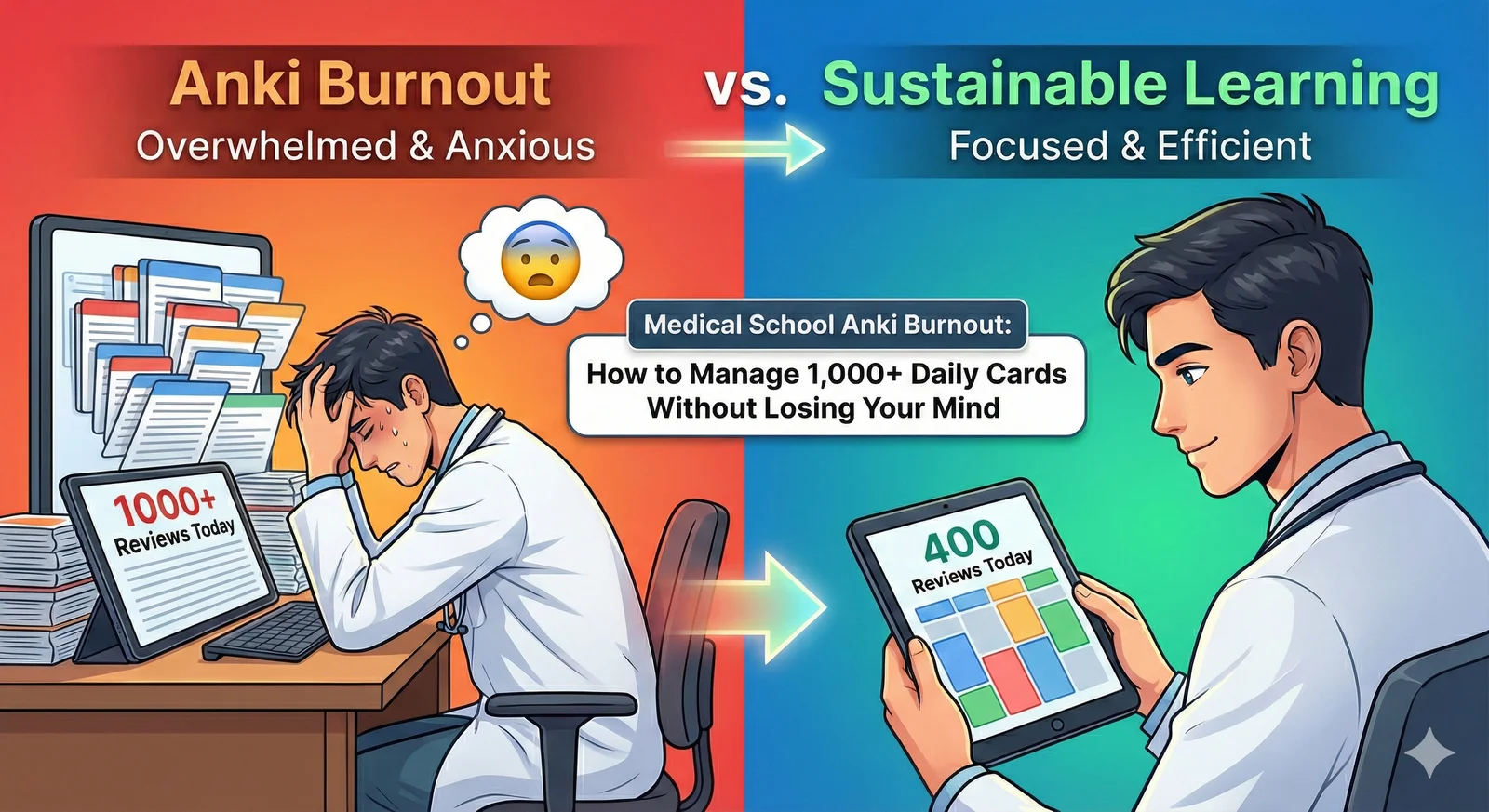 Overwhelmed medical student at desk with laptop showing Anki review queue