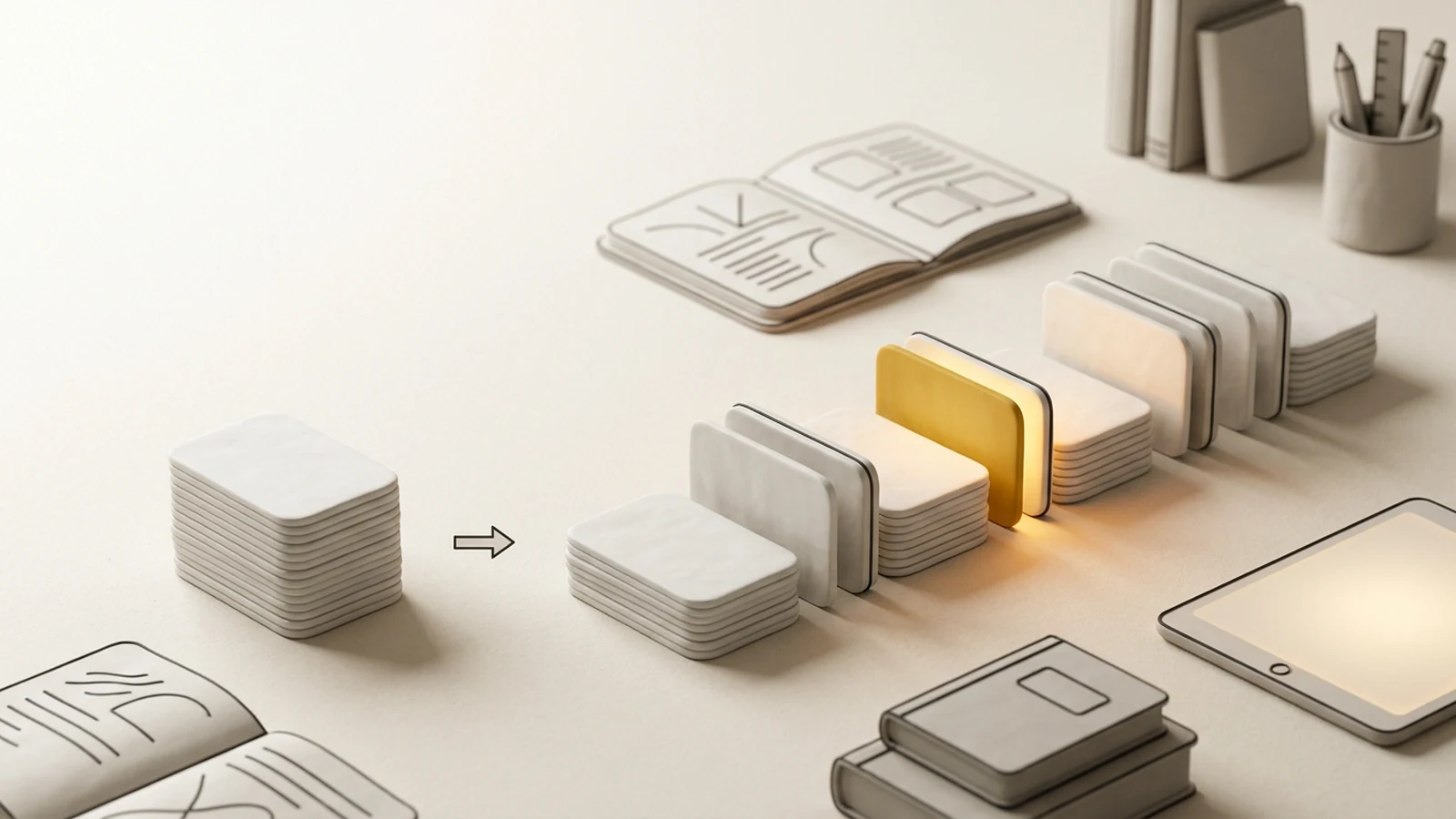 Illustration: A before-and-after comparison on a warm paper surface. On the left, a single tight column of identical blank cards stacked in one uniform block.…