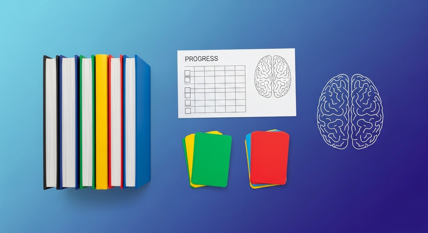 Person studying multiple languages with flashcards and books