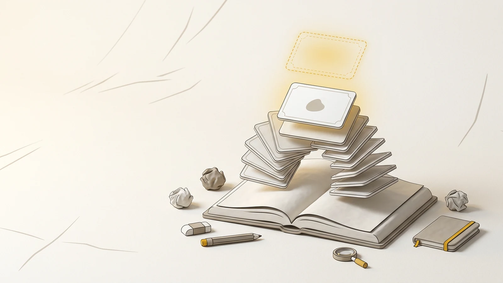 Illustration: An open book with blank pages lies on a warm paper surface. Rising out of the page, blank flashcards assemble upward to rebuild one taller…