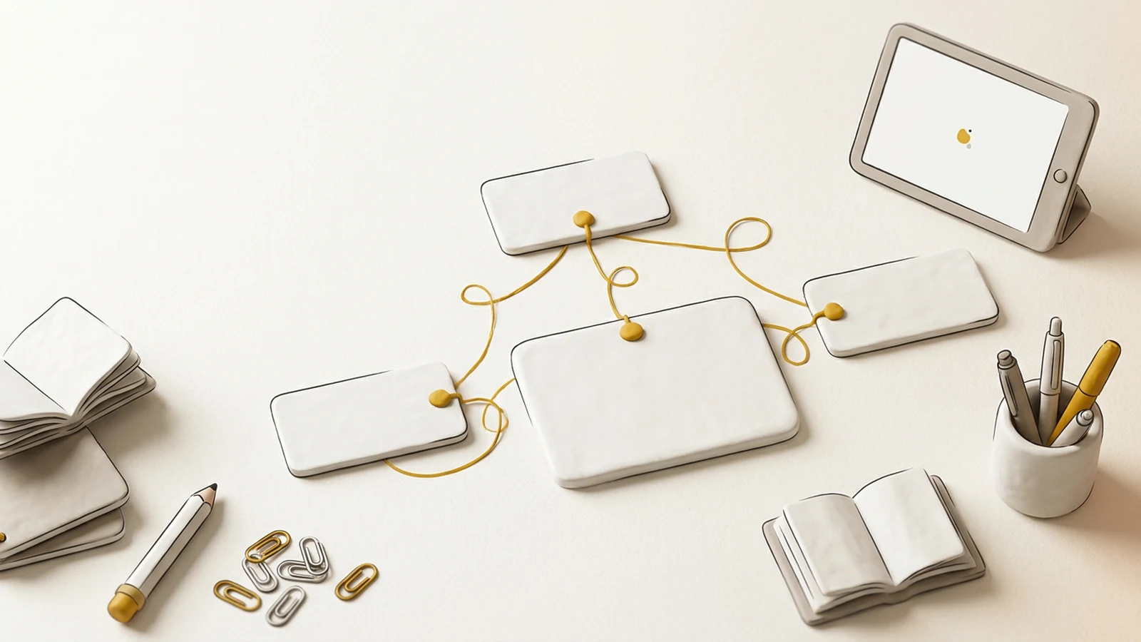 Illustration: One large blank flashcard in the centre of a warm paper surface, connected to three smaller blank cards arranged around it by thin mustard yellow…