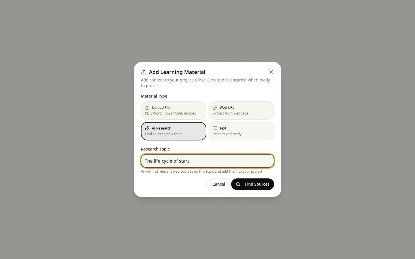 AI Research topic input in the Add Learning Material modal