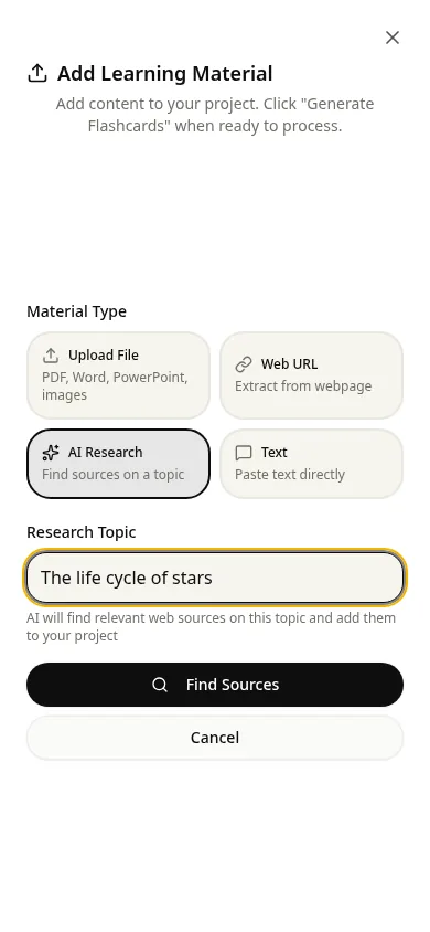 Add Learning Material modal with the AI Research tab selected