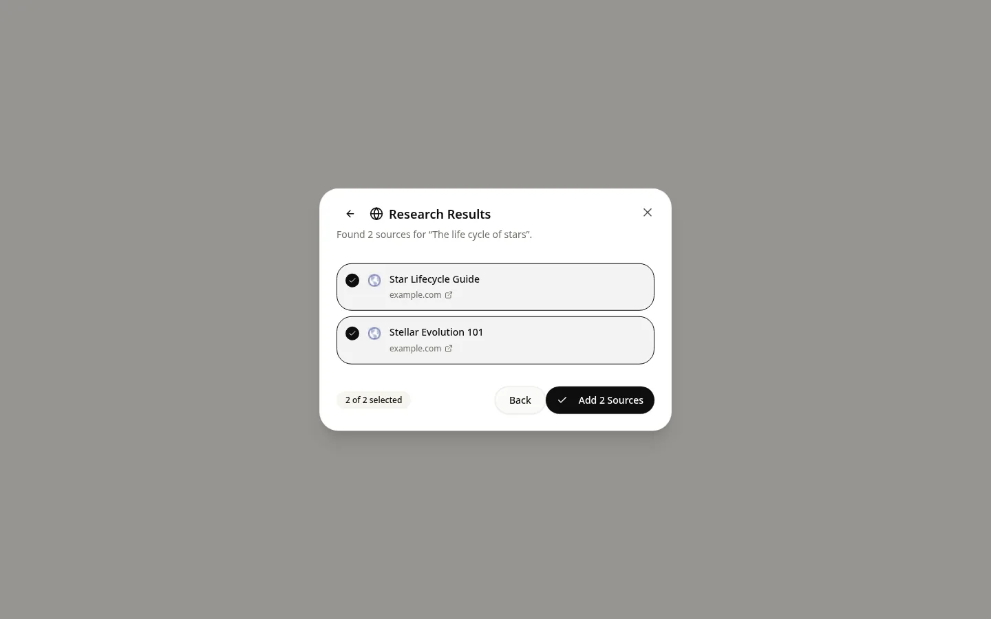 AI Research results: selectable source cards with a live count