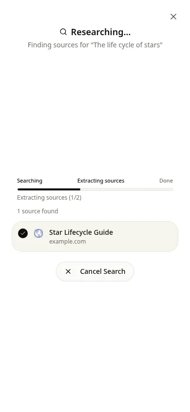 AI Research staged loading with live source counter and cancel button