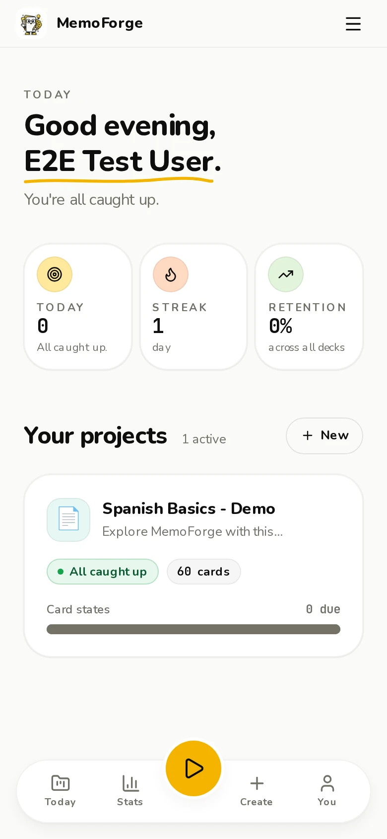 Your learning hub. — All your projects, stats, and due cards at a glance.