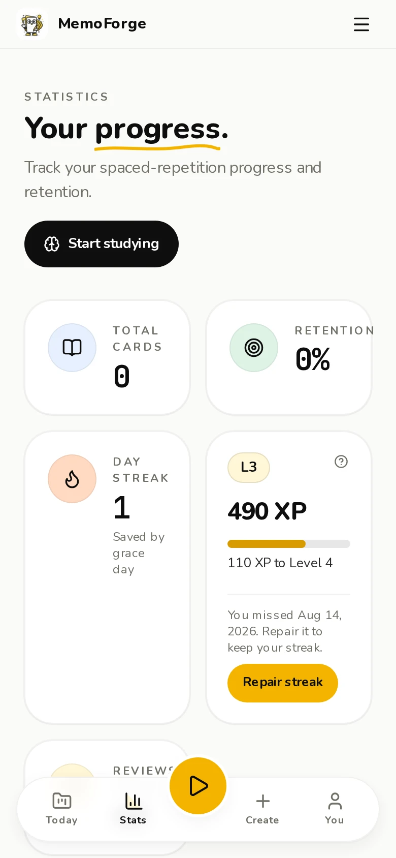 Track your progress. — Retention rate, streaks, and card-state breakdowns.