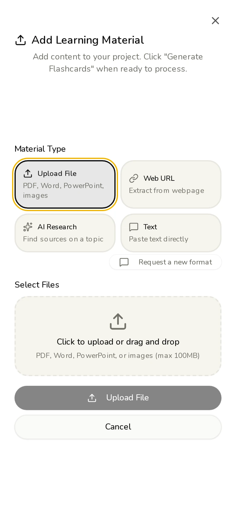 Any source, any format. — PDFs, images, URLs, or let AI research for you.