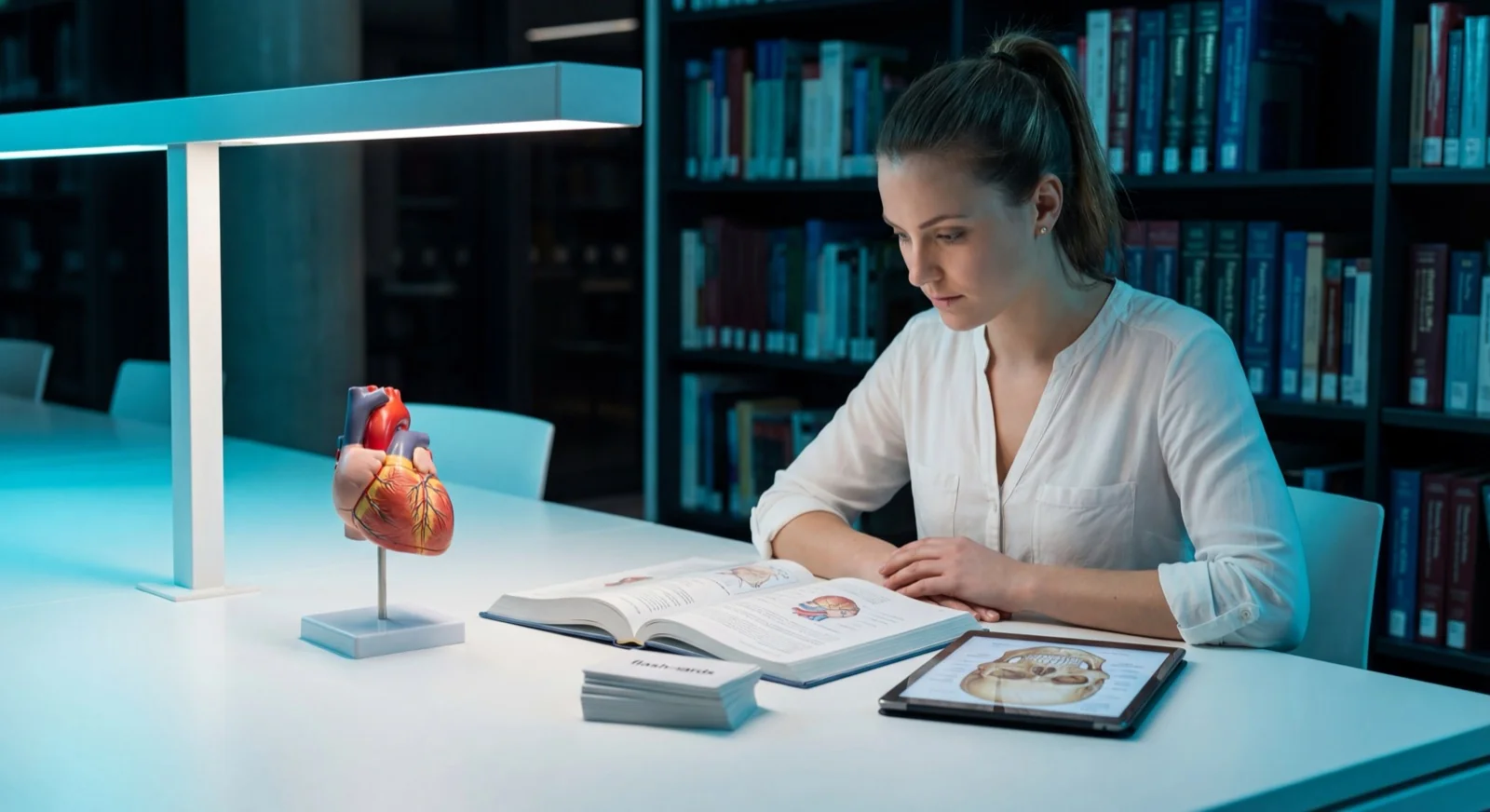 Medical student studying anatomy and physiology with flashcards for USMLE Step 1 preparation